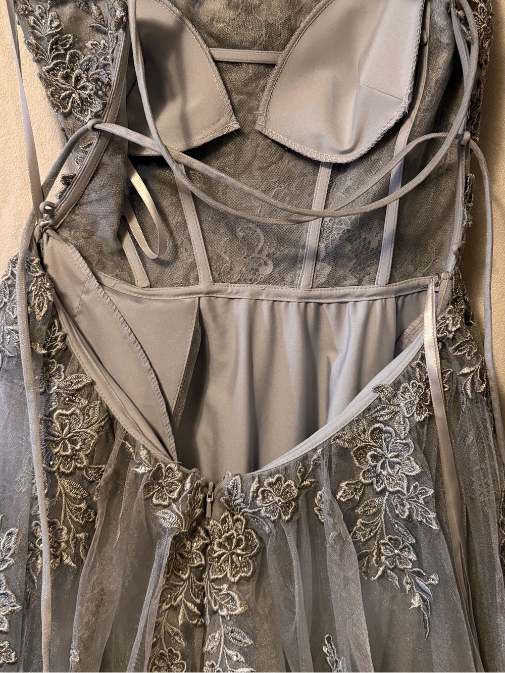 La Femme Silver Gray Embroidered Formal Gown - Picture 7 of 14